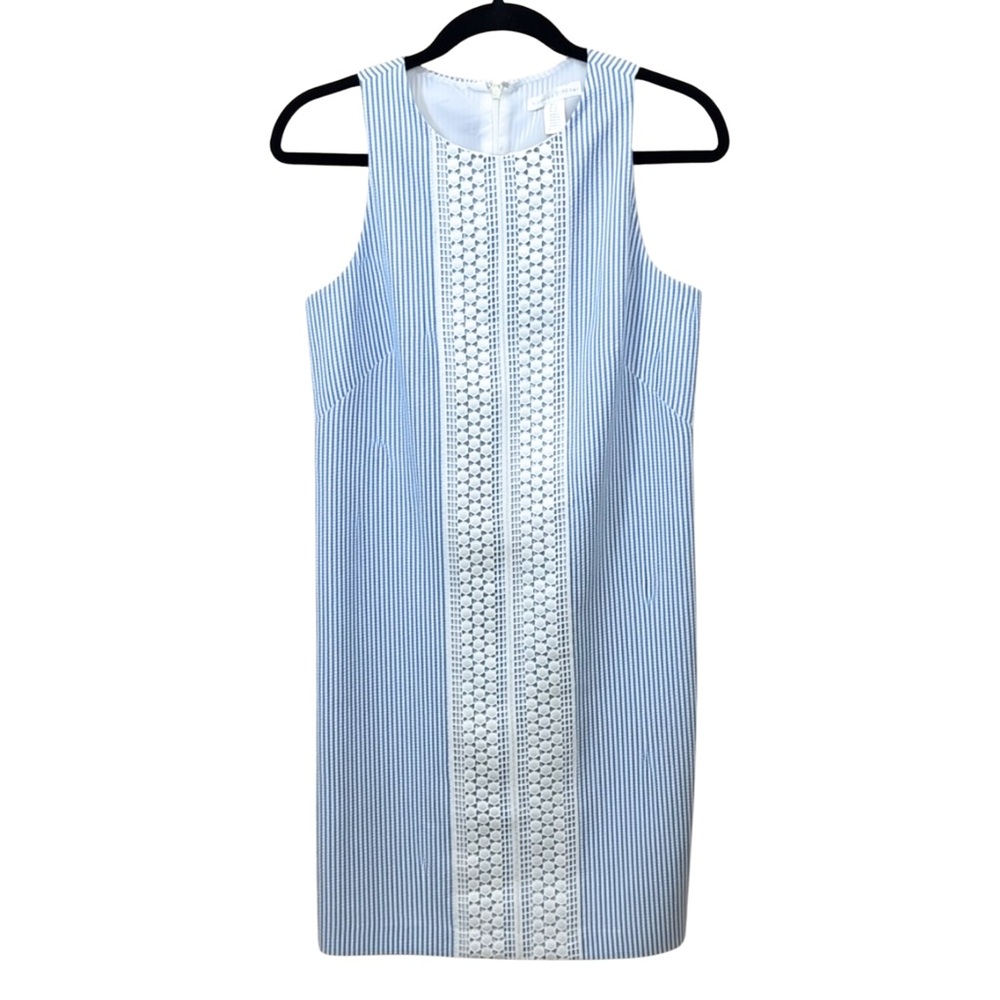 London Times Blue & White Seersucker Shift Dress with Eyelet Detail Size 6